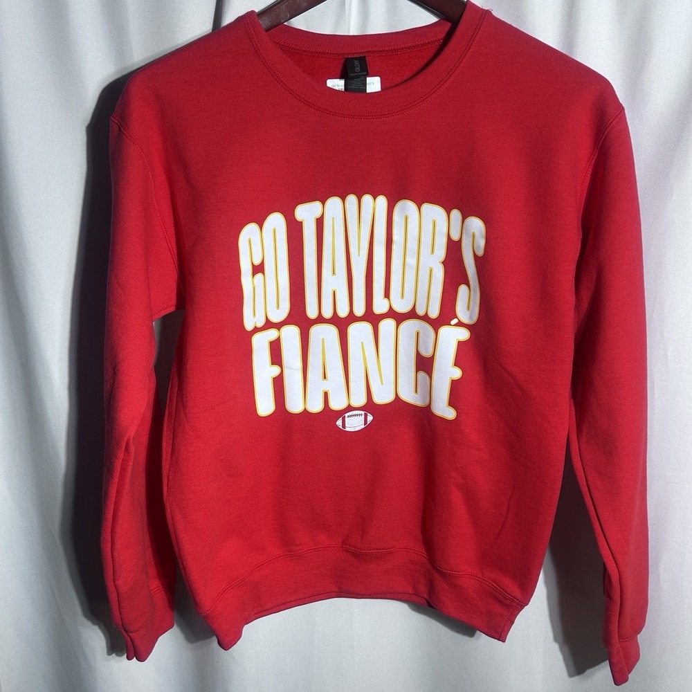 Go Taylor's Fiance Red Unisex Crewneck Swiftie Sweatshirt, Chiefs Football, Sz S